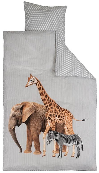 Sengetøy med giraffer, elefanter og en sebra