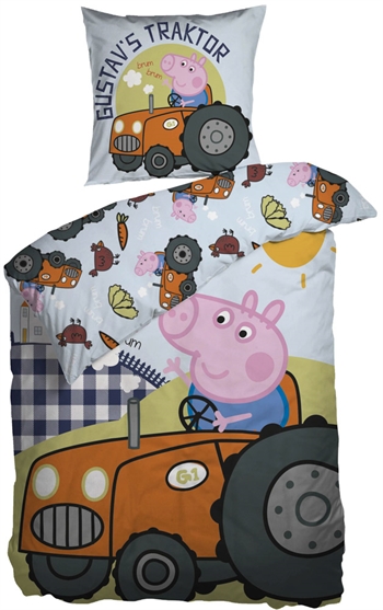 Økologisk sengetøy - 140x200 cm - Sengesett med Gustav gris og traktor - 100% økologisk bomull