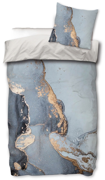Sateng sengesett - 150x210 cm - 100% Bomullssateng - Marble blå og gull
