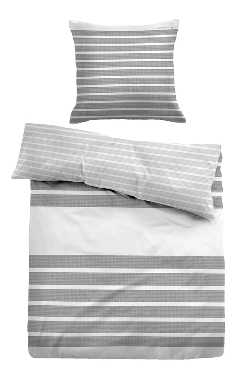 Gråstripet sengetøy 140x220 cm - Myk bomullsateng - Gråt og hvitt sengesett - Vendbart design - Tom Tailor