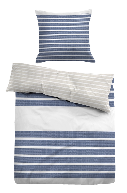 Blåstripet sengetøy 140x220 cm - Myk bomullsateng - Blått og hvitt sengesett - Vendbart design - Tom Tailor