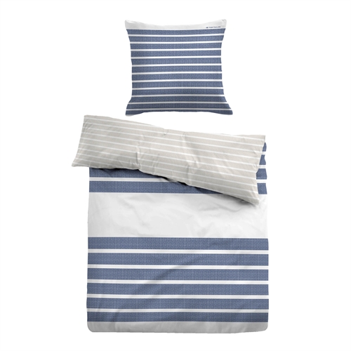 Blå stripete sengetøy 150x210 cm - Myk bomullssateng - Blått og hvitt sengetøysett - Vendbart design - Tom Tailor