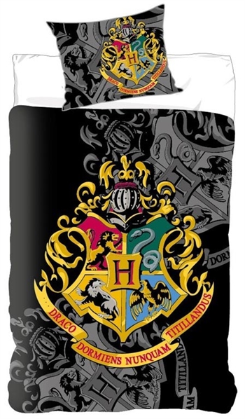 Harry Potter sengetøy - 140x200 cm - Harry Potter - Gullfarget Hogwarts våpenskjold - 2 i 1 design - 100% bomull