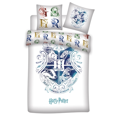 Harry Potter sengetøy - 140x200 cm - Blått Hogwarts våpenskjold - Vendbart dynebetræk - 100% bomulls sengesett