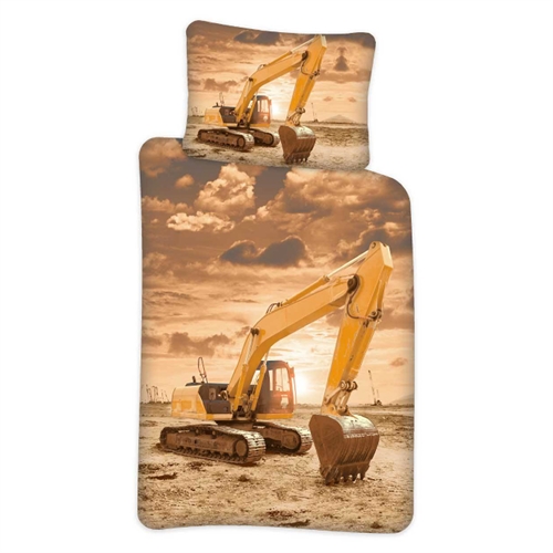 Barnesengetøy - 140x200 cm - Gravemaskin sengetøysett - Vendbart dynetrekk - 100% bomull