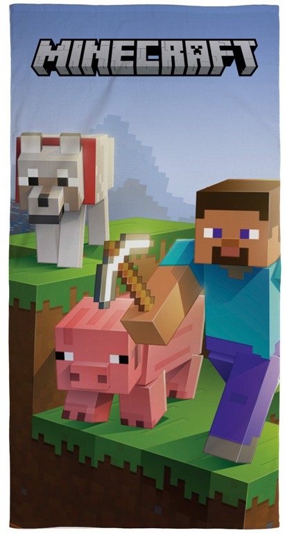 Minecraft håndkle - 70x140 cm - 100% bomull - Mykt badehåndkle med Steve, Minecraft ulv og gris