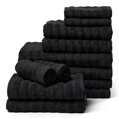 Håndklepakke 12 stk. myke håndklær i 100% kjemmet bomull - Svarte håndklær fra Borg Living
