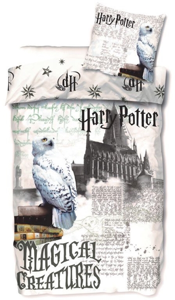 Harry Potter sengetøy - 140x200 cm - Harry Potter sengesett - Hogwarts og uglen Hedwig - 2 i 1 design - 100% bomull
