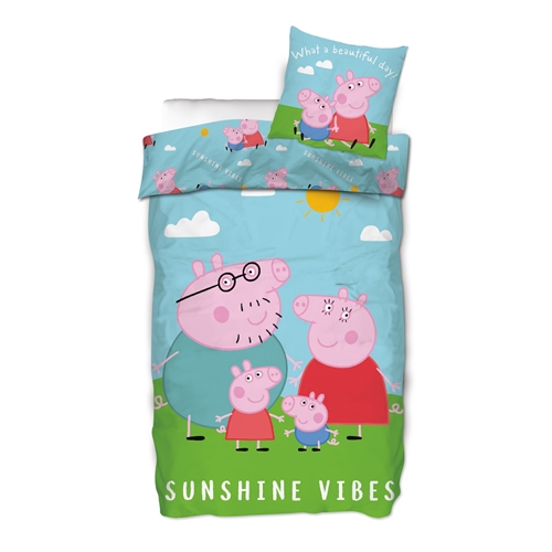 Peppa Gris sengetøy - 150x210 cm - Familien Gris - Sengesett med 2 i 1 design - 100% bomull
