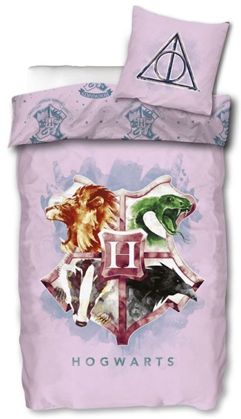 Harry Potter sengetøy - 140x200 cm - Rosa Hogwarts skjold - 2 i 1 design - 100% bomull