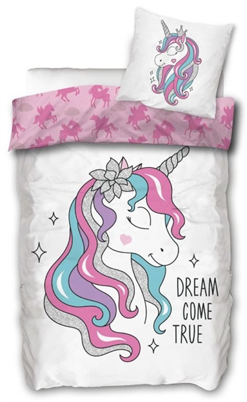 Unicorn sengetøy - 140x200 cm - 100% bomull - Dream come true - Hvit og rosa
