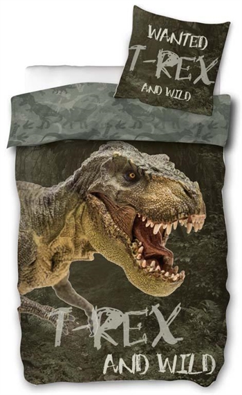 Dino sengetøy - 140x200 cm - Sengetøy med vill T-rex - 2 i 1 design - 100% bomull