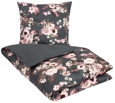 Sateng sengesett - 150x210 cm - 100% Bomullssateng - Flowers & Dots - Grå-grønn