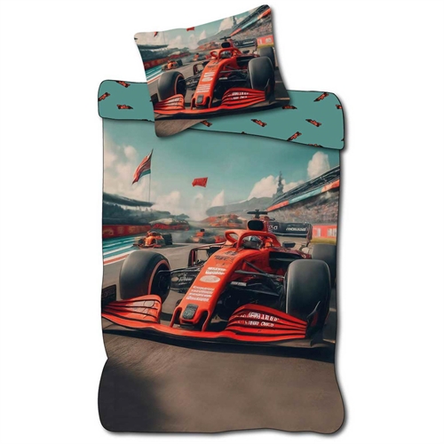 Barne sengetøy 140x200 cm - Vendbart sengesett med racerbiler - Motiv av rød Formel 1 bil - 100% mykt bomulls sengetøy