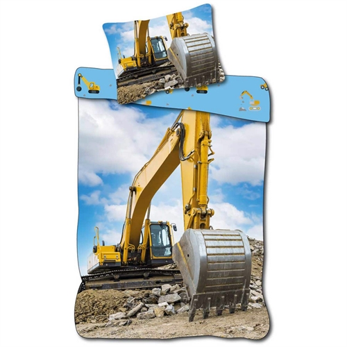Barnesengetøy 140x200 cm - Vendbart sengesett med en gul gravemaskin - 100% mykt bomulls sengetøy
