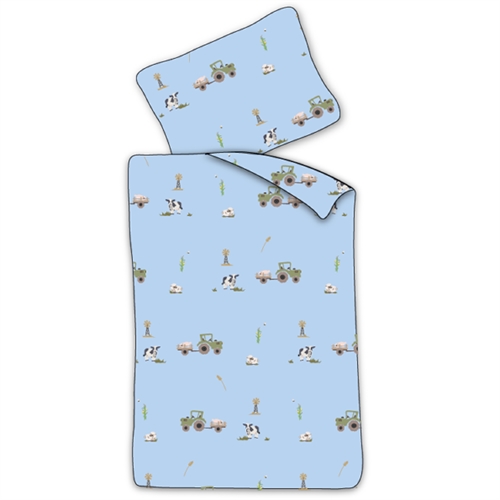 Baby sengetøy 70x100 cm - Blått sengesett med traktor og kuer - 100% mykt bomulls sengetøy