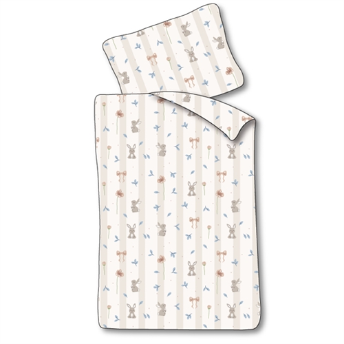 Baby sengetøy 70x100 cm - Hvitt stripet sengesett med kaniner og blomster - 100% mykt bomulls sengetøy