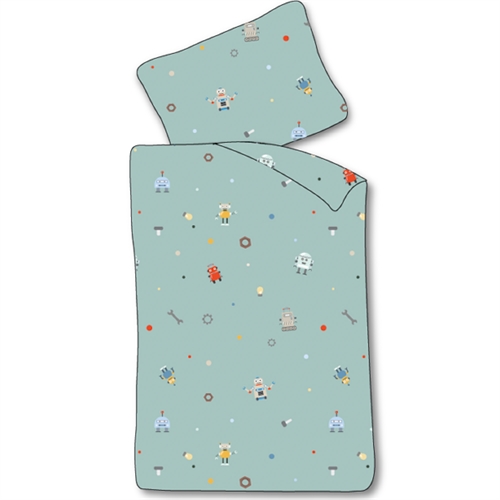 Baby sengetøy 70x100 cm - Blått sengesett med små roboter - 100% mykt bomulls sengetøy