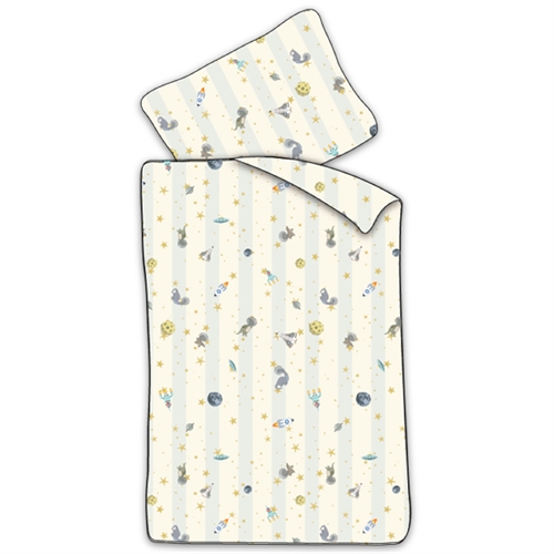 Baby sengetøy 70x100 cm - Hvitt stripet sengesett med dinosaurer og romraketter - 100% mykt bomulls sengetøy