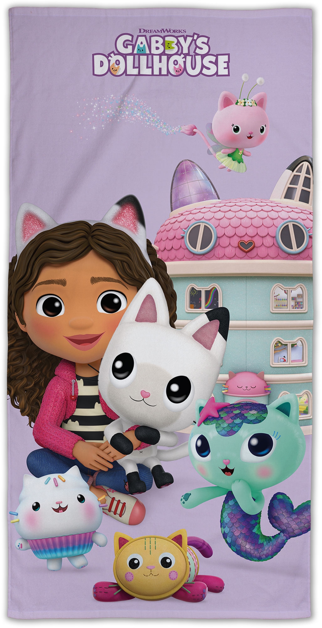 Gabby's Dollhouse håndkle - 70x140 cm - 100% bomull - Mykt badehåndkle med Gabby, Pandy Paws, Catfish, Cakey Cat, Pillow Cat