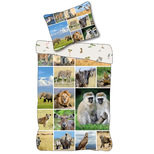Barne sengetøy 140x200 cm - Vendbart sengesett med safari dyr - 100% mykt bomulls sengetøy