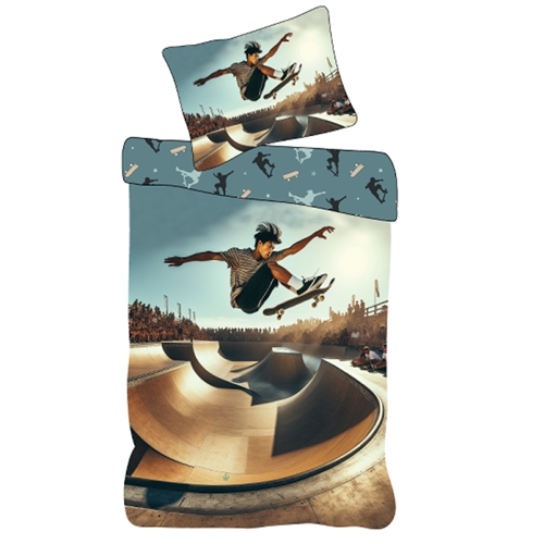 Barne sengetøy 140x200 cm - Vendbart sengesett med skater motiv - 100% mykt bomulls sengetøy