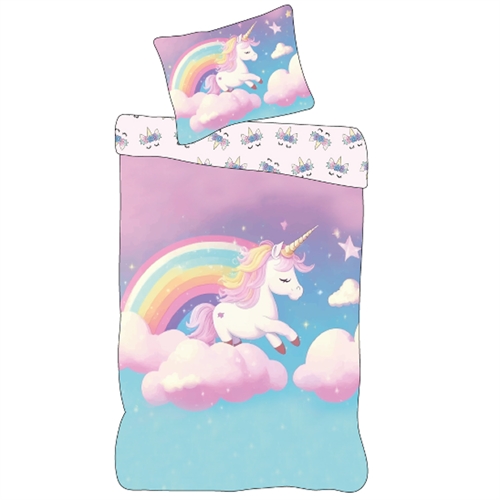 Enhjørning sengetøy 140x200 cm - Vendbart sengesett med enhjørning og regnbue - 100% mykt bomulls sengetøy