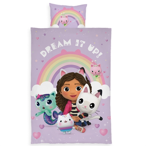 Junior sengesett 100x140 cm - Vendbart sengetøy med Gabby\'s Dollhouse og regnbue - 100% bomulls sengetøy