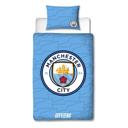Manchester City sengetøy - Blått vendbart sengesett med logo - 140x200 cm - 100% bomulls sengetøy - Fotball sengetøy