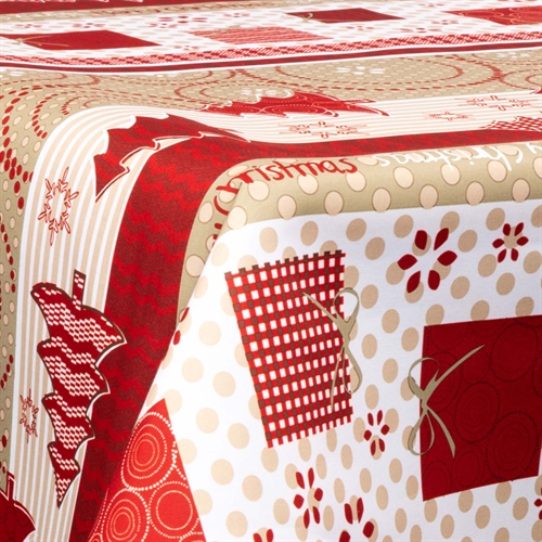 Tekstil voksduk med akrylbelegg - 30 meter på rull - Med julemotiv - Juletrær og gaver - 140 cm bred tekstilduk