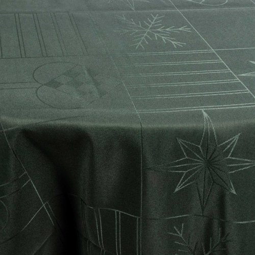 Rund juleduk - Ø230 cm - Grønn med hjerter og stjerner - Jacquardvevet bordduk - Eksklusiv duk
