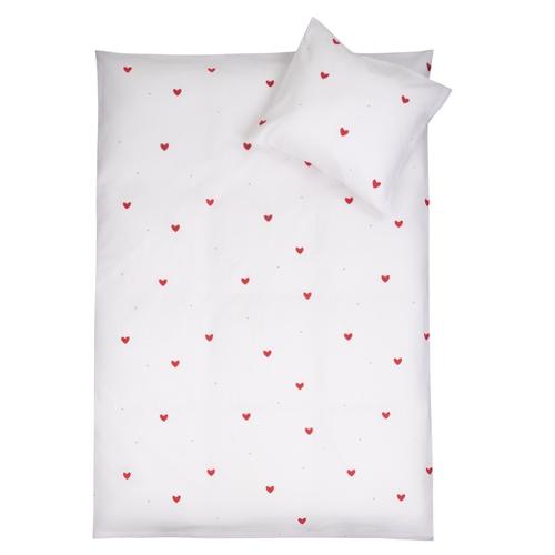 Baby sengetøy 100% bomull - 70x100 cm - Hvitt sengesett med fine røde hjerter - Nordstrand Home mykt dynetrekk