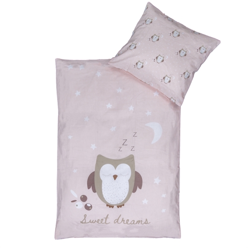 Ugle sengetøy 70x100 cm - Lyserødt baby sengesett med sovende ugle - Vendbart motiv - 100% bomulls sengetøy - Nordstrand Home