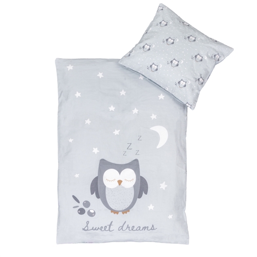 Ugle sengetøy 70x100 cm - Blått baby sengesett med sovende ugle - Vendbart motiv - 100% bomulls sengetøy - Nordstrand Home