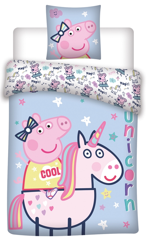 Peppa Gris sengetøy - 150x210 cm - Peppa Gris og enhjørning - Sengesett med 2 i 1 design - 100% bomull