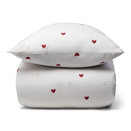 Sengetøy 100% bomull - 140x200 cm - Hvitt sengesett med fine røde hjerter - Nordstrand Home mykt dynetrekk