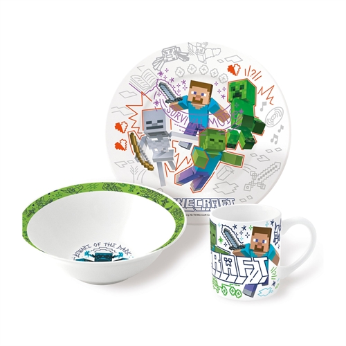 Minecraft barneservise i keramikk - Spisesett i 3 deler til barn - Survival mode - Keramisk servicesett