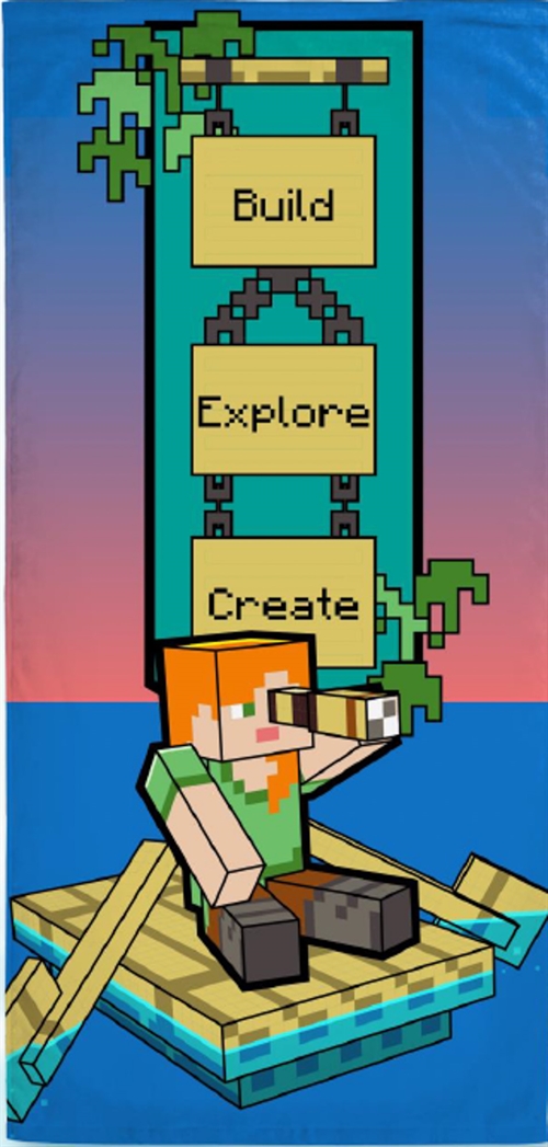 Minecraft håndkle - 70x140 cm - Build Explore Create - 100% bomull - Mykt badehåndkle med Alex