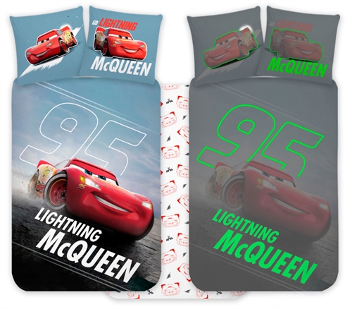 Lynet McQueen sengetøy - 100% myk bomull - Vendbart selvlysende junior sengesett - 100x140 cm - Cars sengetøy