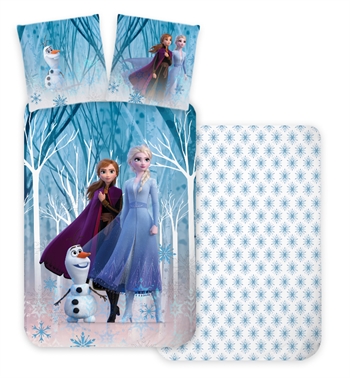 Frozen sengetøy - 140x200 cm - Anna, Elsa og Olaf - 2 i 1 design - 100% bomull
