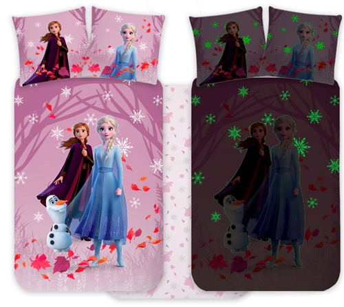 Frost sengetøy - 100 % myk bomull - Vendbart selvlysende juniorsengesett - 100x140 cm - Anna og Elsa sengetøy