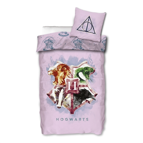 Harry Potter sengetøy - 140x200 cm - Lyserødt med Hogwarts skjold - Dynetrekk med 2 i 1 design - 100% bomull
