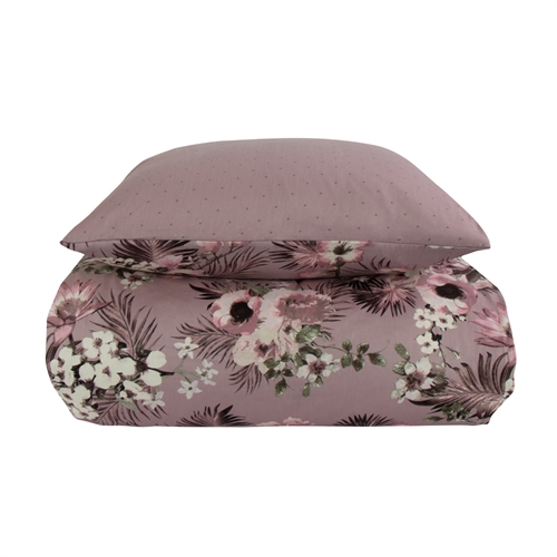 Sengetøy king size - 240x220 cm - Vendbart design i 100% bomullssateng - Flowers & Dots lavendel - Sengesett fra By Night