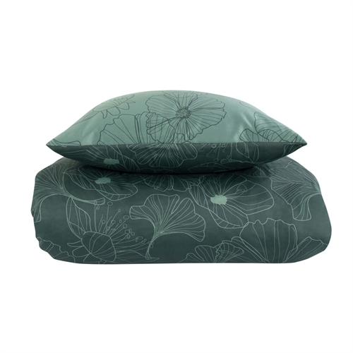 Sengetøy 140x220 cm - Vendbart design i 100% bomullssateng - Big Flower grøn - Sengesett fra By Night