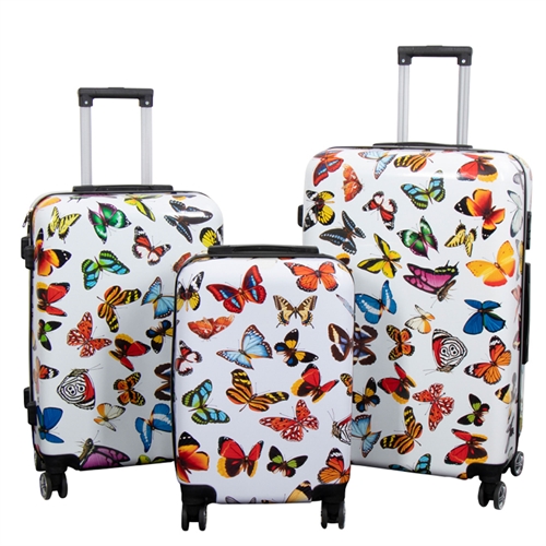 Koffertsett - 3 stk. - koffert med motiv - hvit med sommerfugltrykk - hardcase lettvektskoffert med 4 hjul