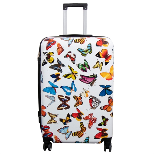 Stor koffert - Hardcase koffert med motiv - Hvit med sommerfugletrykk - Eksklusiv lettvekt koffert