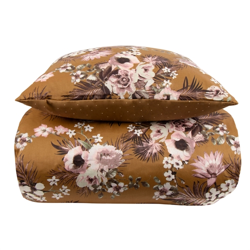 Sengetøy king size - 240x220 cm - Vendbart design i 100% bomullssateng - Flowers & Dots karry - Sengesett fra By Night