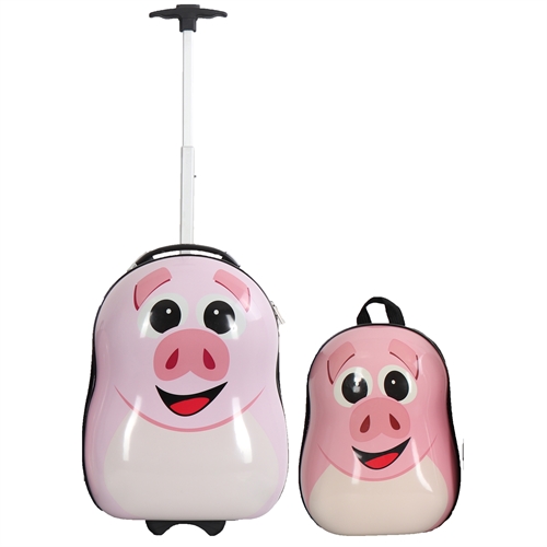 Barn koffert - Kabinkoffert på hjul med ryggsekk - Gris - Reisesett for barn med Gris