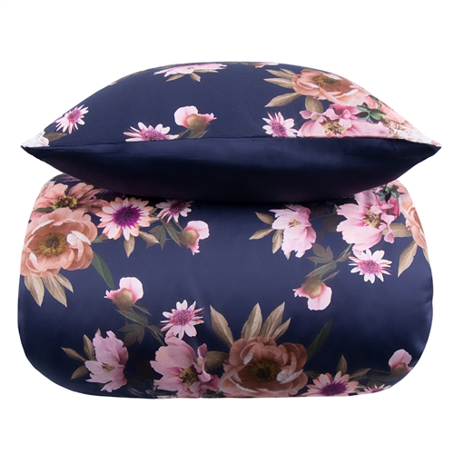 Blomstrete sengetøy - 140x200 cm - Dark blue flower - 2-i-1 design - Sengesett i 100% bomullssateng - Excellent By Borg
