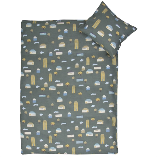 Junior sengetøy 100x140 cm - Grønt sengesett med hus - 100% mykt bomulls sengetøy